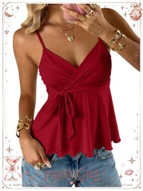 Women's Tie Front Crop Wrap Babydoll Cami Top V-Neck Ruffle Hem